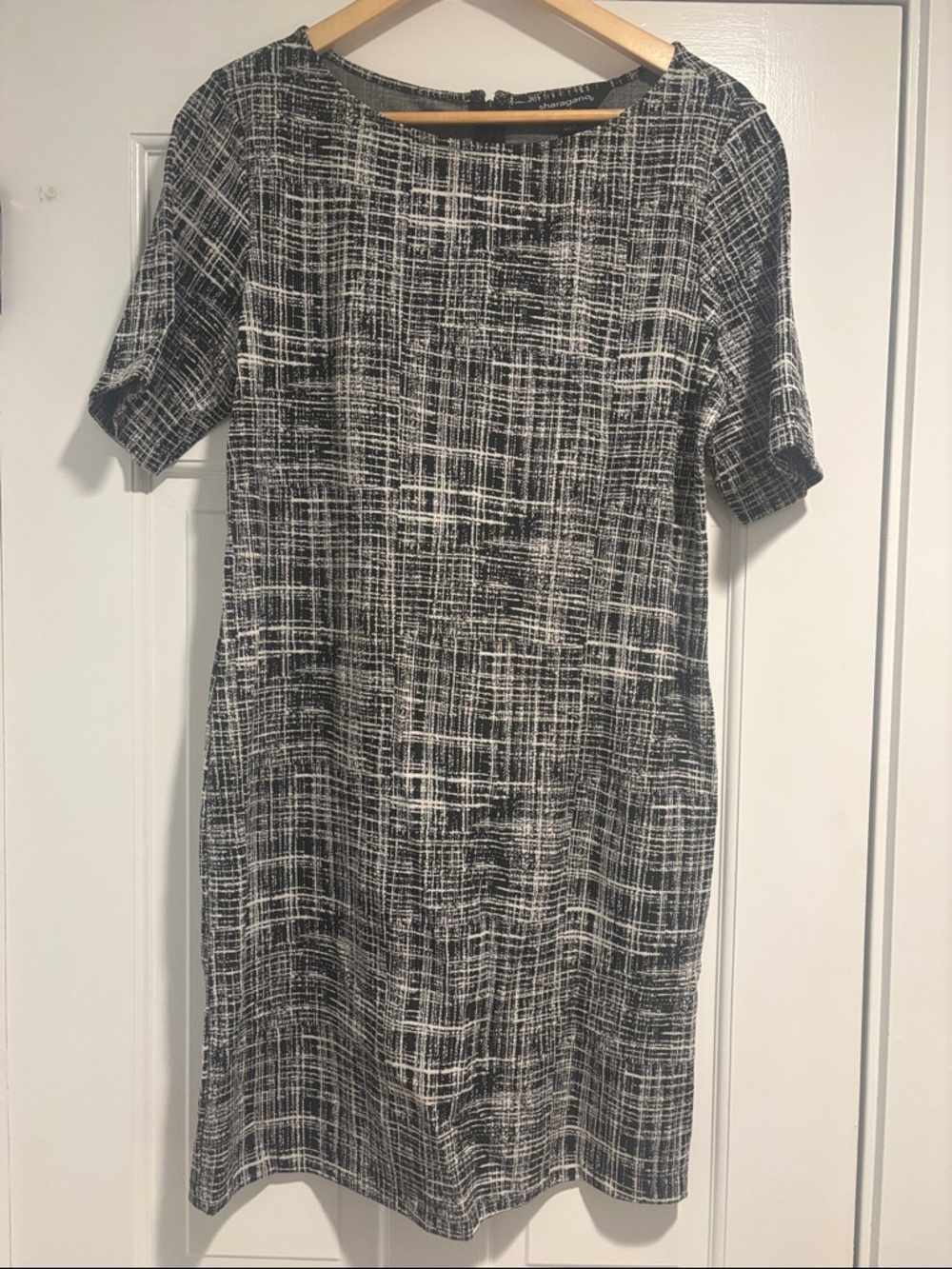 Sharagano Black and White Textured Shift Midi Dress
